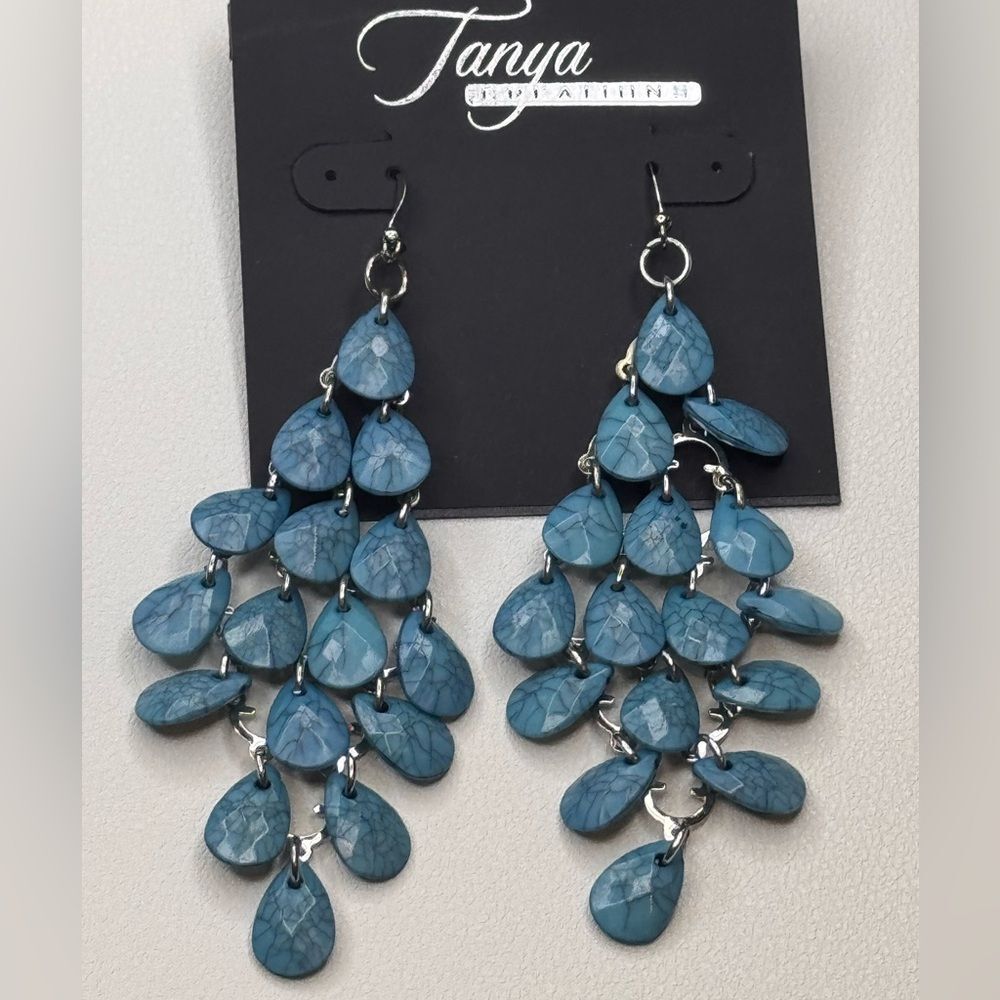 Teardrop Blue Chandelier Earrings with Cascading Design 3.5 inch